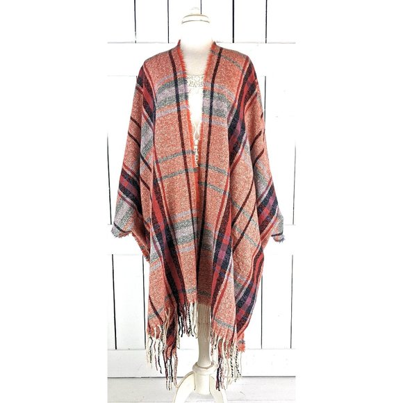 Red tartan plaid tassel fringe kimono cardigan cover up jacket one size - Picture 1 of 5